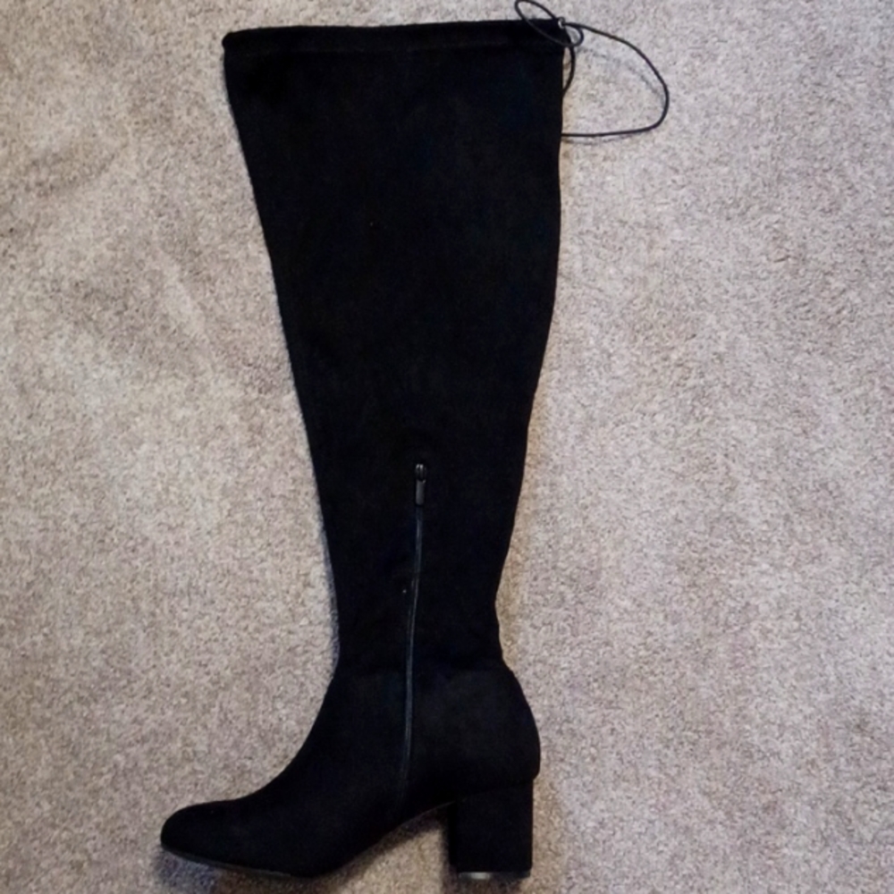 BLK STRETCH OTK HEEL BOOTS
